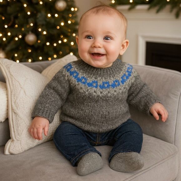Iceland Handknit Wool Sweater Baby 6-9M Gray Blue Nordic Knit Jumper Holiday
